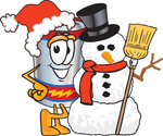Clip Art Graphic of a Battery Mascot Character Wearing A Santa Hat And Posing With A Snowman On Christmas