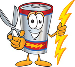 Clip Art Graphic of a Battery Mascot Character Holding a Pair of Scissors
