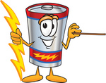 Clip Art Graphic of a Battery Mascot Character Holding A Bolt Of Energy And A Pointer Stick