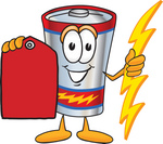Clip Art Graphic of a Battery Mascot Character Holding A Bolt Of Energy And A Red Sales Price Tag