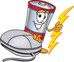 Clip Art Graphic of a Battery Mascot Character With a Computer Mouse
