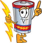 Clip Art Graphic of a Battery Mascot Character Holding A Bolt Of Energy And Pointing Upwards