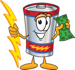 Clip Art Graphic of a Battery Mascot Character Holding A Bolt Of Energy And A Green Dollar Bill