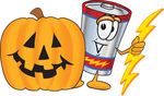 Clip Art Graphic of a Battery Mascot Character With a Carved Halloween Pumpkin