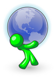 Clip Art Graphic of a Green Guy Character Bending Back And Carrying A Large Blue Globe