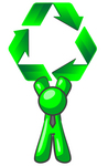 Clip Art Graphic of a Green Guy Character Wearing A Business Tie And Holding Green Recycle Arrows High Above His Head