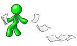Clip Art Graphic of a Green Guy Character Wearing A Business Tie, Looking Back At Papers Blowing Away In A Breeze