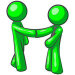 Clip Art Graphic of a Green Guy Character Wearing A Business Tie And Shaking Hands With A Client On The Pursuit Of Green Energy