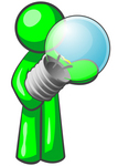 Clip Art Graphic of a Green Guy Character Standing And Holding A Glass Electric Light Bulb