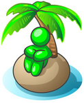 Clip Art Graphic of a Green Guy Character Seated In Thought Under The Shade Of A Palm Tree On A Deserted Tropical Island