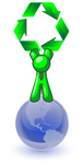 Clip Art Graphic of a Green Guy Character Wearing A Business Tie And Standing On Top Of A Blue Globe, Holding Green Recycle Arrows Up High