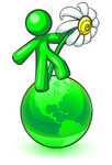 Clip Art Graphic of a Green Guy Character Dancing On A Green Globe With A White Daisy Flower