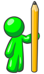 Clip Art Graphic of a Green Guy Character Holding Up A Giant Yellow Pencil