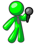 Clip Art Graphic of a Green Guy Character Wearing A Business Tie And Holding Out A Microphone