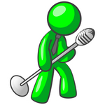 Clip Art Graphic of a Green Guy Character Wearing A Business Tie And Tipping A Microphone On A Stand While Rocking Out And Singing On Stage