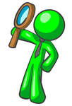 Clip Art Graphic of a Green Guy Character Wearing A Business Tie And Holding Up A Magnifying Glass, In Search Of A Way To Prevent Pollution