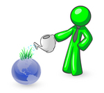 Clip Art Graphic of a Green Guy Character In A Business Tie, Watering A Garden Of Sprouting Grasses On Top Of A Blue Globe