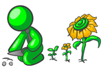 Clip Art Graphic of a Green Guy Character Wearing A Business Tie And Kneeling To Plant Seeds In A Sunflower Garden With Flowers In Different Stages Of Growth