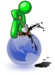 Clip Art Graphic of a Green Guy Character Stabbing A Shovel Into A Blue Globe With Oil Spurting Out