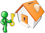 Clip Art Graphic of a Green Guy Character Holding A Golden Key And Standing In Front Of An Orange Home With A Coin Slot On The Roof And Key Hole In The Door