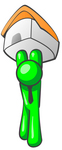Clip Art Graphic of a Green Guy Character Holding His Home Up High To Keep Safe From Foreclosure