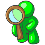 Clip Art Graphic of a Green Guy Character Kneeling And Looking Through A Magnifying Glass To Find A Solution To Pollution