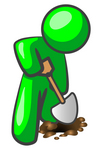 Clip Art Graphic of a Green Guy Character Using A Shovel To Dig For Oil, Or Digging A Hole To Plant A Seed