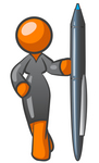 Clip Art Graphic of a Successful Orange Woman Character Wearing A Black Dress And Holding Up A Pen