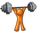 Clip Art Graphic of an Orange Man Character Holding Up A Heavy Barbell Above His Head