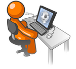 Clip Art Graphic of an Orange Man Character Watching A Video On Anatomy, Showing A Skull, At A Computer Desk