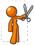 Clip Art Graphic of an Orange Woman Character Snipping A Coupoun From The Newspaper