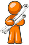 Clip Art Graphic of an Orange Man Character Holding Two Long Scrolled Blueprints Or Design Plans