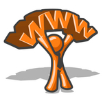 Clip Art Graphic of an Orange Man Character Wearing A Business Tie, Holding Up Www Over His Head In Front Of A Shadow