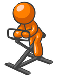 Clip Art Graphic of an Orange Man Character Getting Fit While Exercising On A Stationary Bike In A Fitness Gym