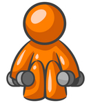 Clip Art Graphic of an Orange Man Character Doing Squats And Lifting Weights At The Fitness Gym