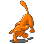 Clip Art Graphic of an Orange Hound Dog Digging Out A Hole In The Ground
