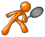 Clip Art Graphic of an Orange Woman Character Bending Slightly And Reaching Out With A Racket While Playing A Game Of Tennis