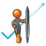 Clip Art Graphic of an Orange Corporate Woman Character Standing In Front Of An Arrow And Check Mark With A Pen