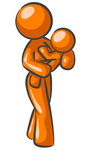 Clip Art Graphic of an Orange Woman Mom Character Carrying Her Young Child In Her Arms