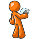 Clip Art Graphic of an Orange Guy Character Standing In Shock And Reading A Good Resume, Long Letter Or Legal Documents