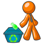 Clip Art Graphic of an Orange Guy Character Wearing A Business Tie And Tossing A Bottle Into A Recycle Bin