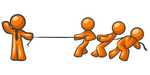 Clip Art Graphic of an Orange Guy Character Wearing A Business Tie And Waving While Holding One End Of A Rope And Competing In A Tug Of War Contest With Three Other People