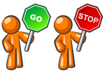Clip Art Graphic of Conflicting Orange Guy Characters Holding Red Stop And Green Go Signs