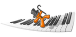 Clip Art Graphic of an Orange Guy Character Wearing A Tie And Top Hat And Dancing Across A Keyboard With A Cane