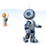 Clip Art Graphic of an Orange Guy Character Testing Out His New Invention, A Blue And White Robot, Controlled By A Remote