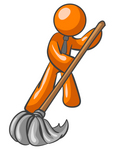 Clip Art Graphic of an Orange Guy Character Wearing A Tie And Mopping Up A Mess On A Floor