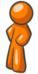 Clip Art Graphic of an Orange Guy Character Standing With His Hands On His Hips, Leaning Slightly To The Right