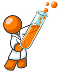 Clip Art Graphic of an Orange Guy Scientist Character Wearing A Lab Coat And Holding A Bubbly Liquid Filled Test Tube