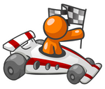 Clip Art Graphic of an Orange Guy Character Holding A Checkered Flag And Driving A Race Car