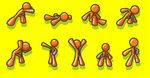 Clip Art Graphic of an Orange Guy Character Collection Of 9 Different Poses Showing Strength